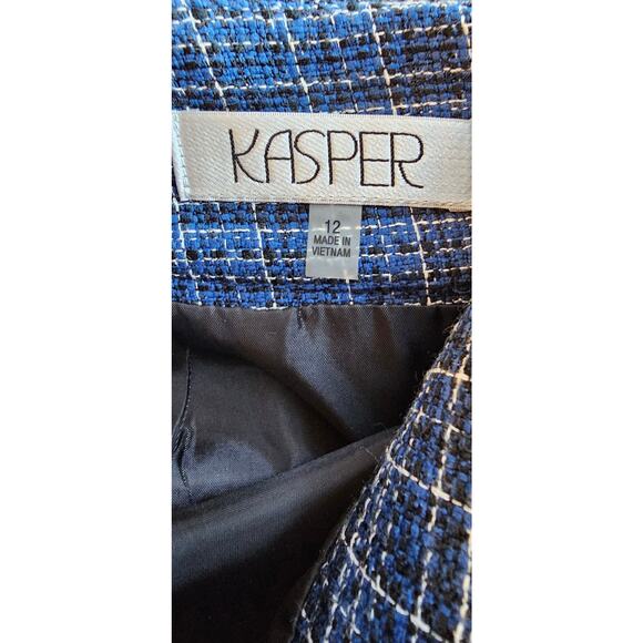 NWT Kasper Blue Plaid Fringe Open Front Tweed‎ Jacket Skirt Suit Set Winter L 12 - Picture 10 of 10